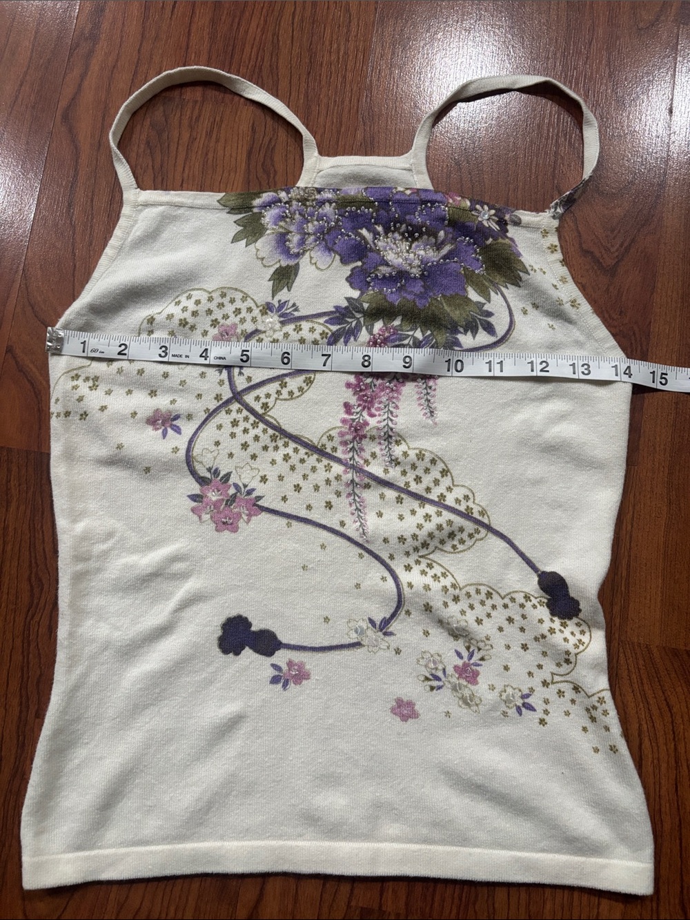 Y2K extremely rare Cream Floral Strappy Tank Top w/ Bead & Sequin Accent | Small - Picture 5 of 7